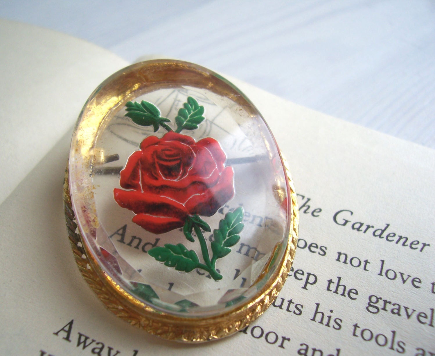 Red Rose vintage brooch - reverse painted lucite - 1950s