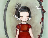 Girl in nautical dress portrait art print Nautical drawing illustration Ship on wild seas waves picture sea storm art print wall decor