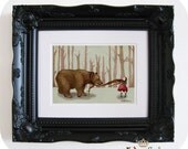 Bear with girl art print Storybook illustration Fairytale drawing girl with bear forest woodland art valentine gift wall decoration