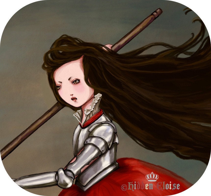 Princess drawing Warrior woman in armor riding bear art print Dark story fairytale drawing Medieval armor and spear Wild red roses