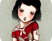 Cute girl holding baby squid art print Whimsical fairytale illustration Nautical art print Sea marine art Squid babies Calamari