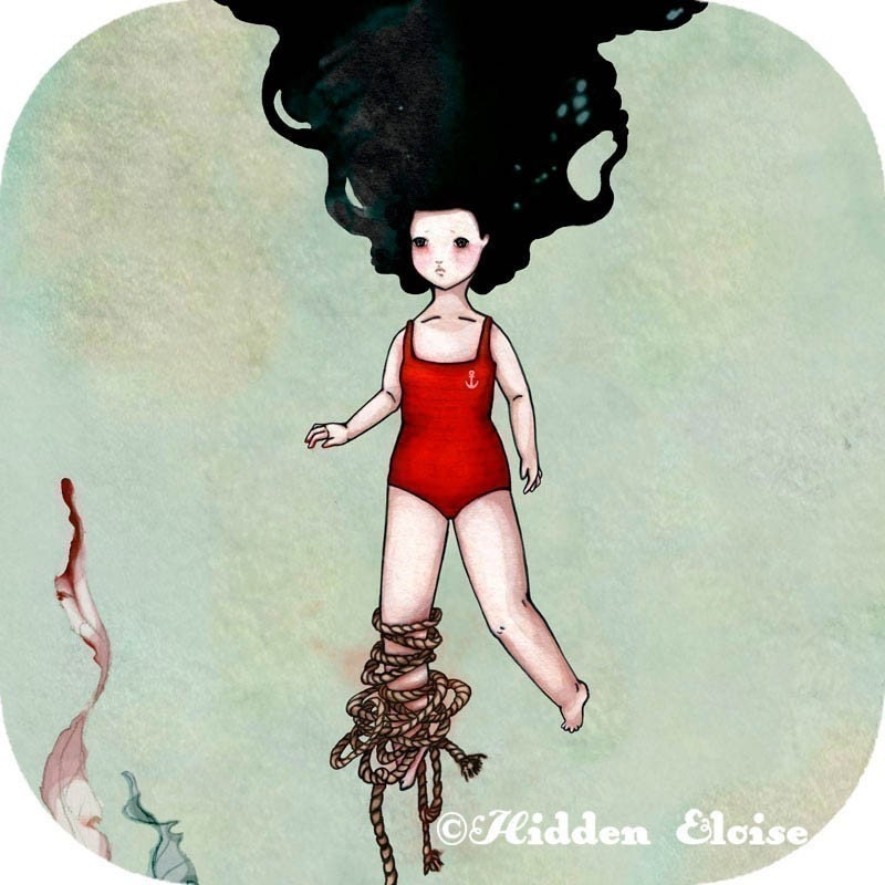 Nautical Art Print Girl Siren Mermaid art Underwater artwork Sea Illustration Marine swimsuit
