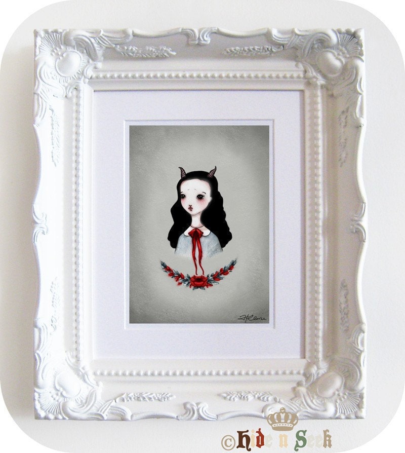 Girl Art, gothic girl art print, dark noir print, goat girl print, Macabre illustration, horns, wall art, wall decoration