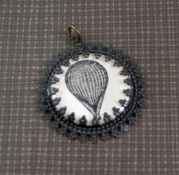 Victorian hot air balloon illustration filigree aged brass and resin pendant - MoiraCoon