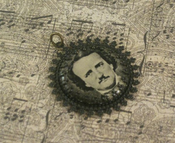 Edgar Allan Poe portrait  filigree aged brass and resin pendant version one