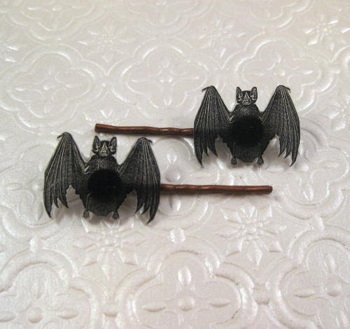 Vintage biology illustration bat copper finish barrette hair pin pair