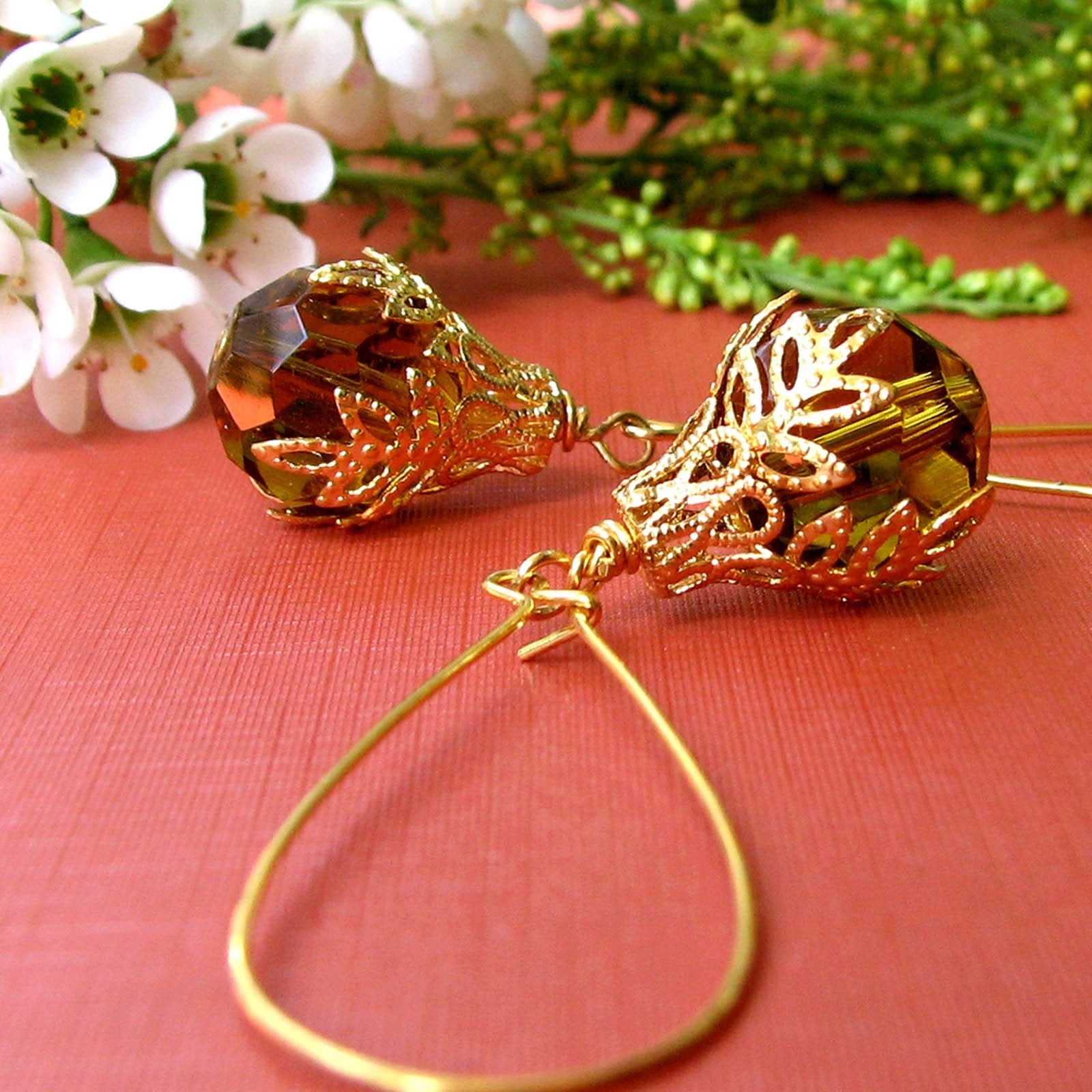 SALE - Vela Venetian Sunset Amber Glass With Filigree Wrapped Leaf Petals Boho Chic Earrings