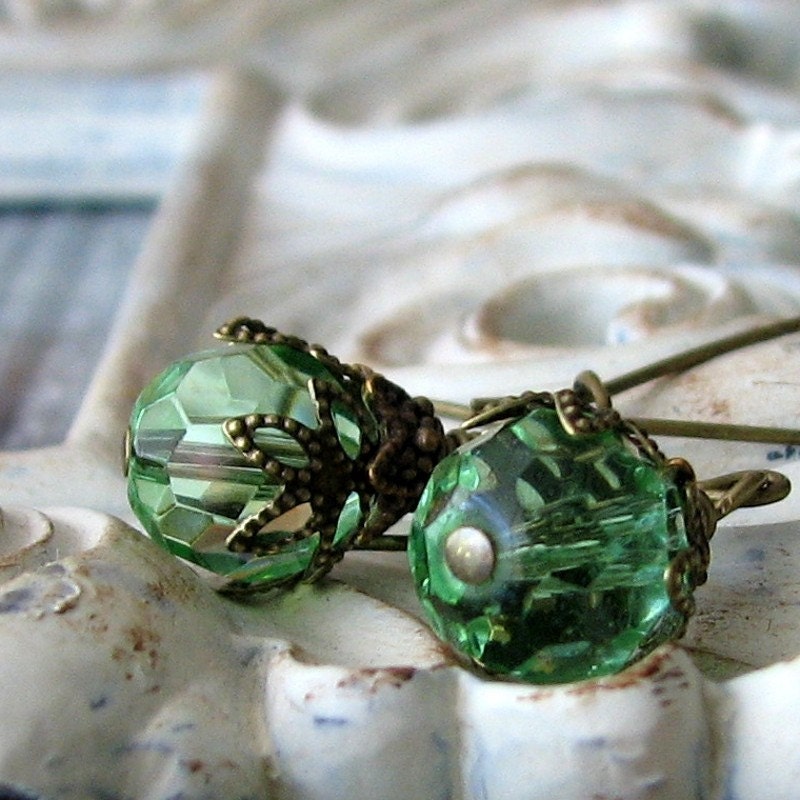 SALE - AURORA Dark Romance Green Glass Boho Antiqued Brass Earrings