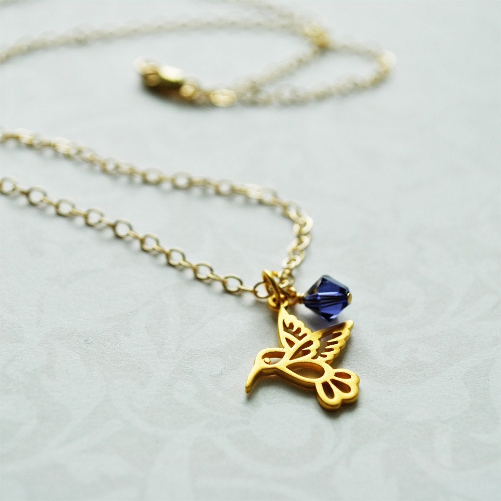 Hummingbird Necklace - Gold and Purple Crystal