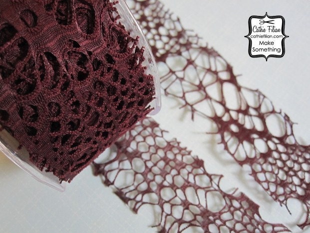 1 Yard - Wine Brown Grunge Burnout Ribbon - 2 inch wide - Altered Couture Art - Costume Design - webbed By the Yard