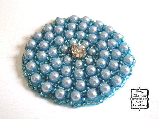 Pearl and Rhinestone Applique - Ocean Blue - Beaded Round