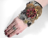 Steampunk Cuff - Industrial Wrist Cuff - BROWN LEATHER Chocolate Brown and White Feathers COPPER MESH HEART with VINTAGE LOVE BIRDS ANTIQUE FAUCET HANDLE Brass Gears Dangle Accent - INCREDIBLE WEARABLE ART Exclusively by edmdesigns and 1/2 Street Studio