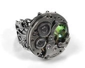 Steampunk Ring Vintage Watch Pin Stripe PATTERN Accent PERIDOT Green Swarovski Crystal Wedding Ring Gift - Steampunk Jewelry by edmdesigns