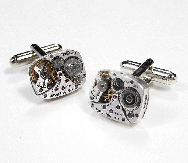 Steampunk Cufflinks HAMILTON Watch Mens Cuff Links In POSITIVE MAGAZINE Wedding Anniversay Fathers Day  Steampunk Jewelry by edmdesigns