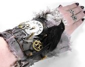 Steampunk Cuff Wrist Cuff 3D CAGeD Black RAVEN Watch Dial Gears Leather Adjustable Gothic Halloween Wedding Steampunk Clothing by edmdesigns