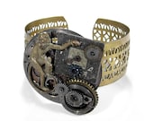 Steampunk Cuff - INDUSTRIAL GRUNGE Pocket Watch UNISEX Cuff Bracelet - Dial Gears Coiled Spring Monkey - Steampunk Jewelry by edmdesigns - edmdesigns