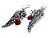 Steampunk Earrings Silver Wings Ear Wires GOTHIC Style SKULLS Red Heart Swarovski Crystal Dangles BEAUTY - Steampunk Jewelry by edmdesigns