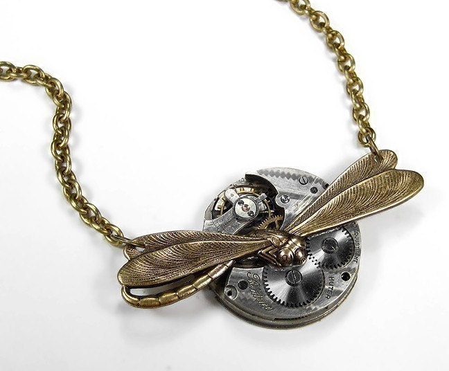Steampunk Jewelry Necklace Vintage Pocket Watch Etchings Brass DRAGONFLY Wedding Anniversary GORGEOUS - Steampunk Jewelry by edmdesigns