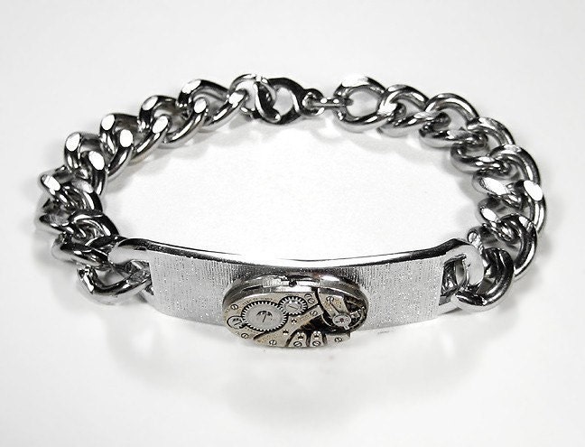 Steampunk Jewelry Mens Bracelet Vintage Silver ID Link Art Deco Oval Jeweled Watch Wedding Anniversary - Steampunk Jewelry by edmdesigns