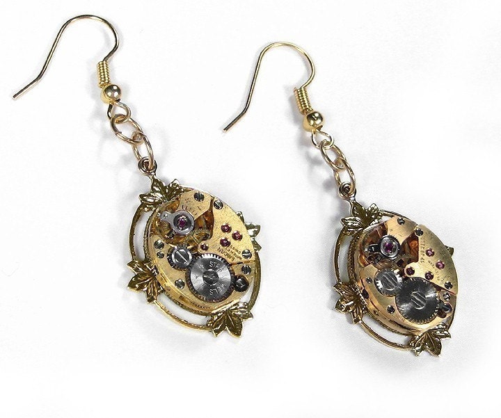Steampunk Jewelry Earrings Vintage Gold Ruby Jeweled Watch Movement Earrings Lotus Leaf Setting  STUNNING - Steampunk Jewelry by edmdesigns