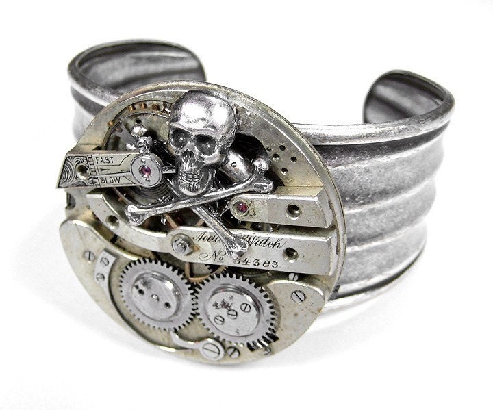 Steampunk Cuff  SKULL Pocket Watch Mens Womens Adjustable Cuff Bracelet INCREDIBLE STATEMENT Piece - Steampunk Jewelry by edmdesigns