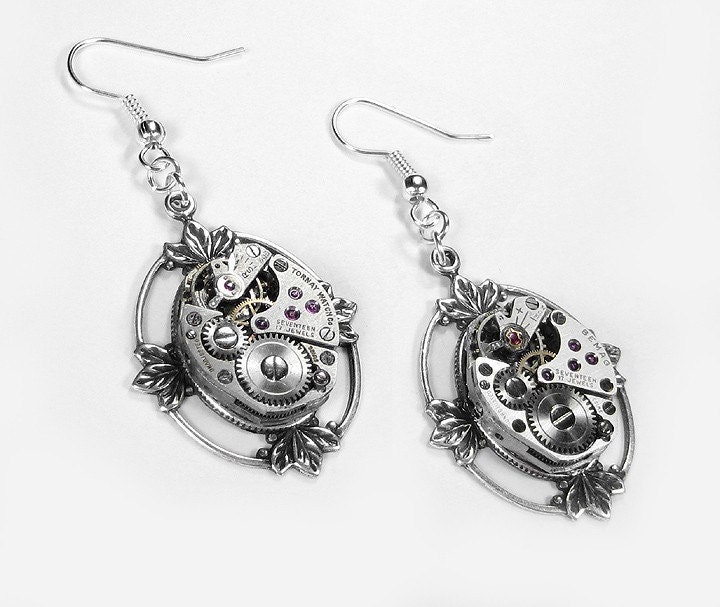 Steampunk Jewelry Earrings Vintage Ruby Jeweled Watch Earrings LOTUS LEAF Wedding Mother's Day Anniversary - Steampunk Jewelry by edmdesigns