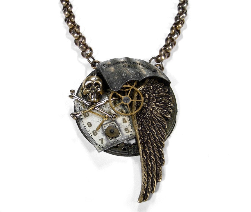 Steampunk Jewelry Necklace Antique Grungy Pocket Watch Necklace WING SKULL Bones Dial Statement Necklace - Steampunk Jewelry by edmdesigns