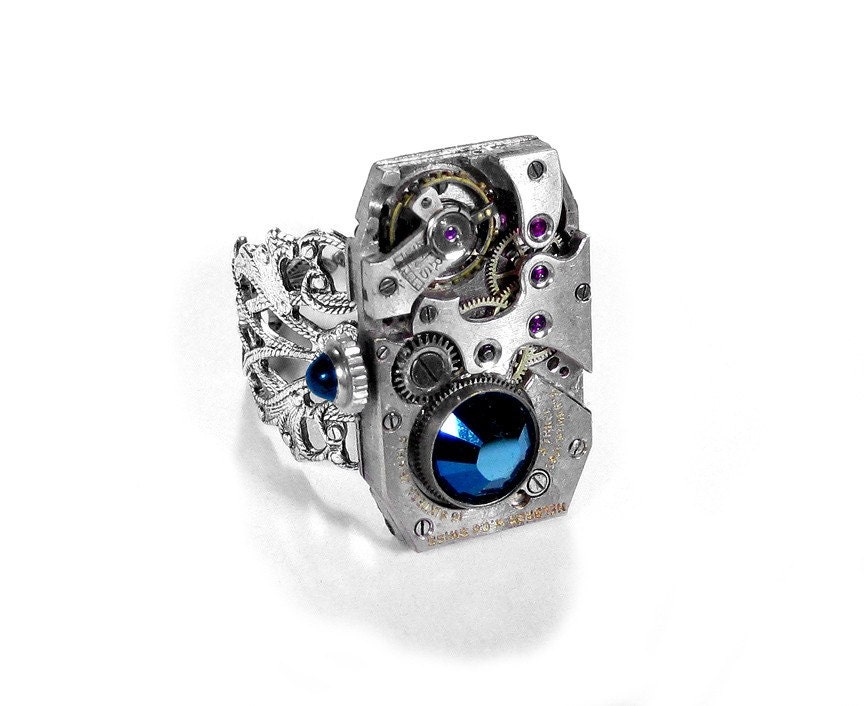 Steampunk Jewelry Ring Vintage Silver Art Deco Watch SAPPHIRE Stem Blue Crystal Womens Wedding Anniversary - Steampunk Jewelry by edmdesigns