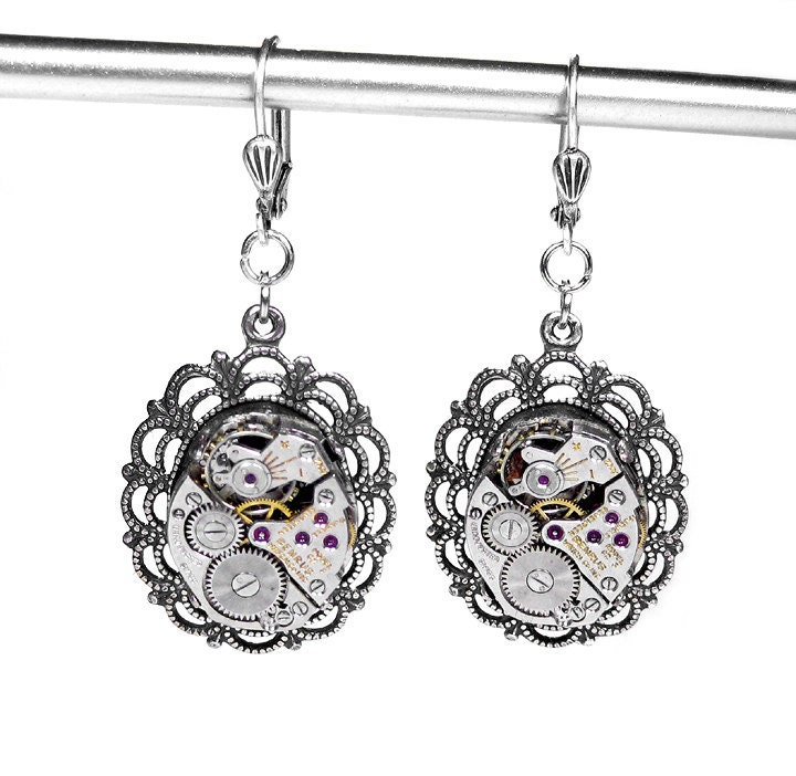 Steampunk Jewelry Earrings Women's Vintage Ruby Jeweled Watch Movements Silver Scalloped WEDDING Earrings - Steampunk Jewelry by edmdesigns