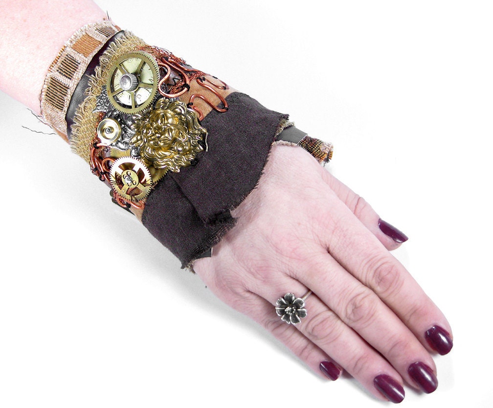Steampunk Cuff Textile Wrist Cuff Arm Band Brown LEATHER Lions Head Crest Copper MESH Coils Gears More - Steampunk Clothing by edmdesigns