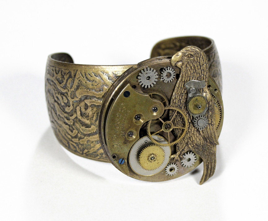 Steampunk Jewelry Cuff Vintage Brass Pocket Watch Adjustable Bracelet MECHANICAL PARROT Gears STATEMENT - Steampunk Jewelry by edmdesigns