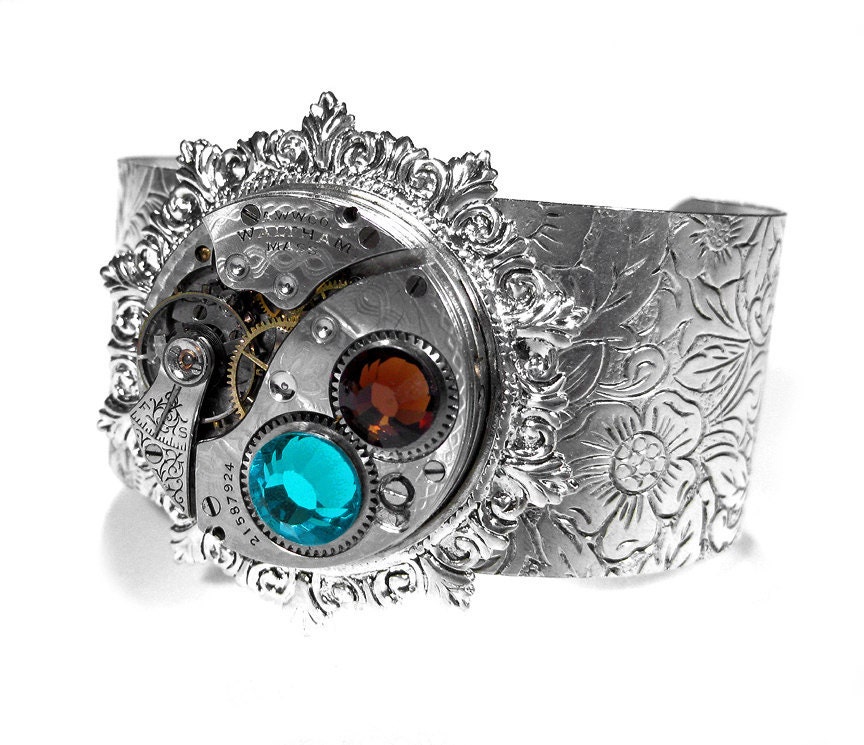 Steampunk Jewelry Cuff Antique WALTHAM Pocket Watch Turquoise Mocha Crystals Etched Pattern GORGEOUS - Steampunk Jewelry by edmdesigns