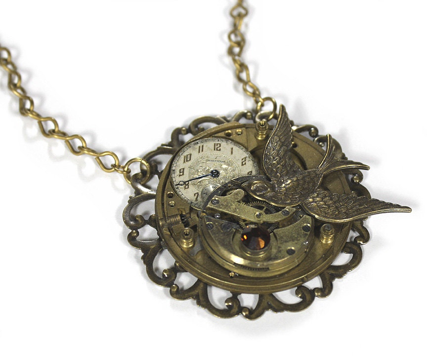 Steampunk Jewelry Necklace Vintage Pocket Watch Brass Necklace DUAL TIERED Collage Bird Dial Topaz Accents - Steampunk Jewelry by edmdesigns
