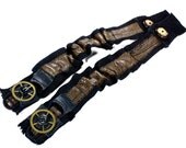 Steampunk Shirt Garters - Sleeve Garter Brown Leather Brass Clock Gears Buttons ROCKER Wedding Garters - Steampunk Clothing by edmdesigns