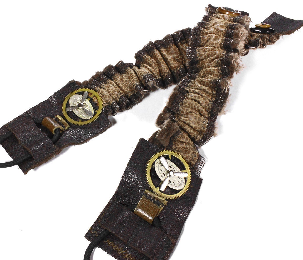 Steampunk Shirt Garters - Sleeve Garter Brown Snake Leather Brass Clock Gears Spinning Parts Rock Garters - STEAMPUNK CLOTHING by edmdesigns
