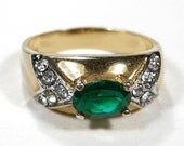 Antique Art Deco Ring - EMERALD 7mm with Rhinestones 14K EP Hallmarked Ca 1940s STUNNING Engagement or Wedding Ring - Jewelry by edmdesigns