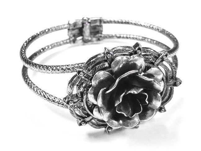Steampunk Jewelry Bracelet Cuff Victorian Silver Bracelet Large Silver Rose STUNNING Wedding Anniversary - Steampunk Jewelry by edmdesigns