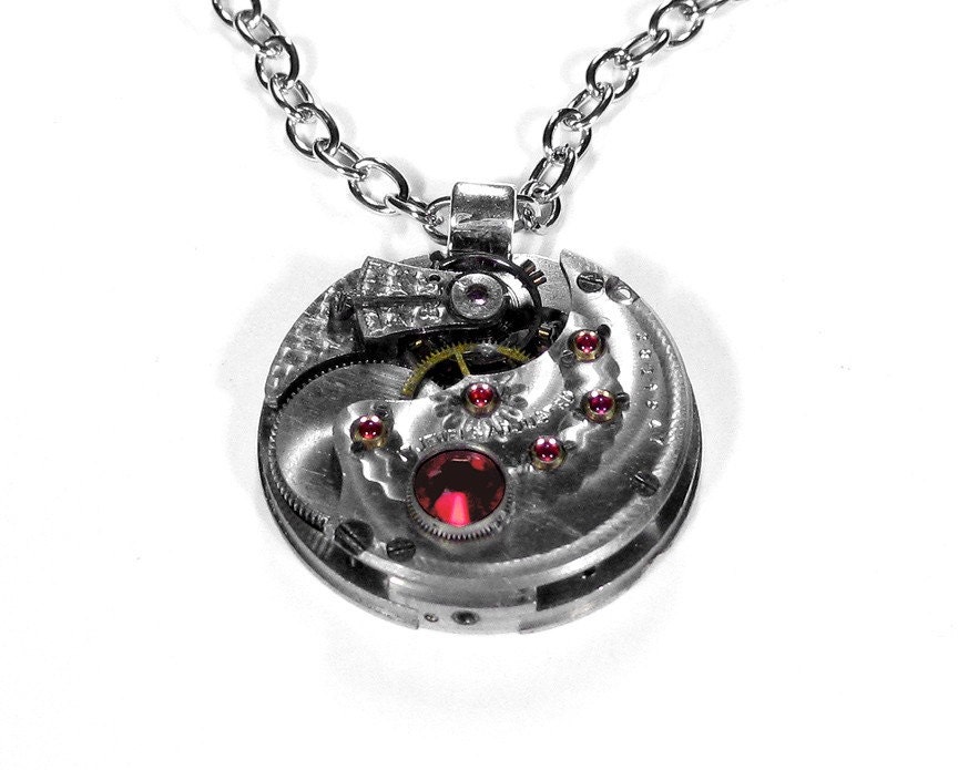 Steampunk Necklace - Vintage Antique Silver Pocket Watch Pendant Necklace - Stunning Timepiece with Guilloche Etched Patterns and BRILLIANT RED RUBIES - Beautiful Contours and Swarovski Crystal - Awesome Gift Idea - Exclusively by edmdesigns