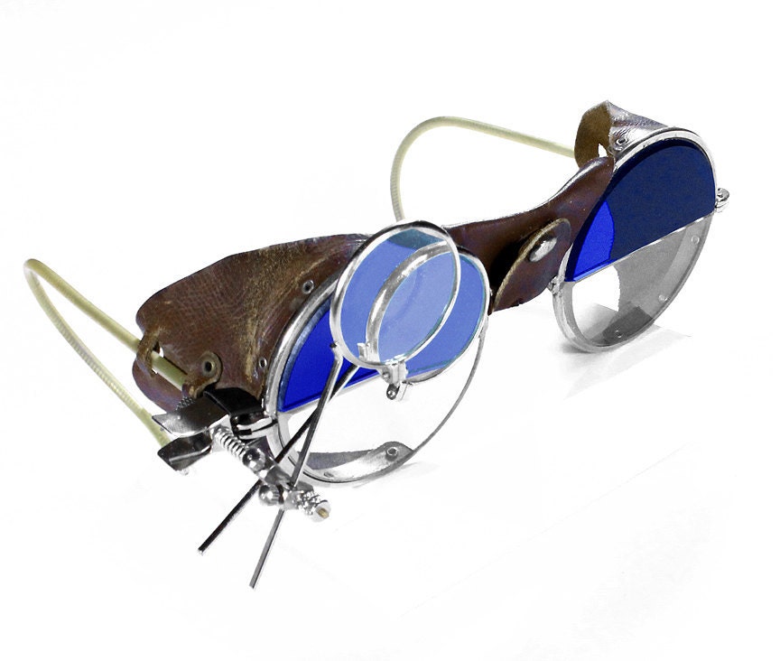 Steampunk Goggles Antique Rare 2 Tone Steampunk Glasses Cobalt BLUE & Clear LEATHER Side Shields 2 Loupes - Steampunk Jewelry by edmdesigns