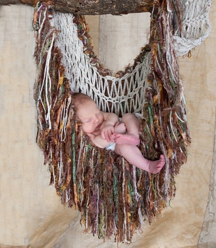 Fringe Baby Blanket Hammock Photo Prop, Green Brown Cream