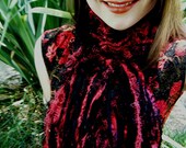 Scarf, Black Cherry Red Handknit Ribbons with Fringe. Gothic Geisha Glamour