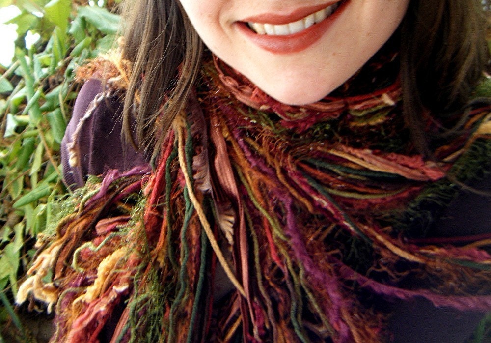 Scarf in Nutmeg Brown, Cinnamon Red and Green Accessories Fringe O Rama Women Hand Tied Scarf Design in Cedar