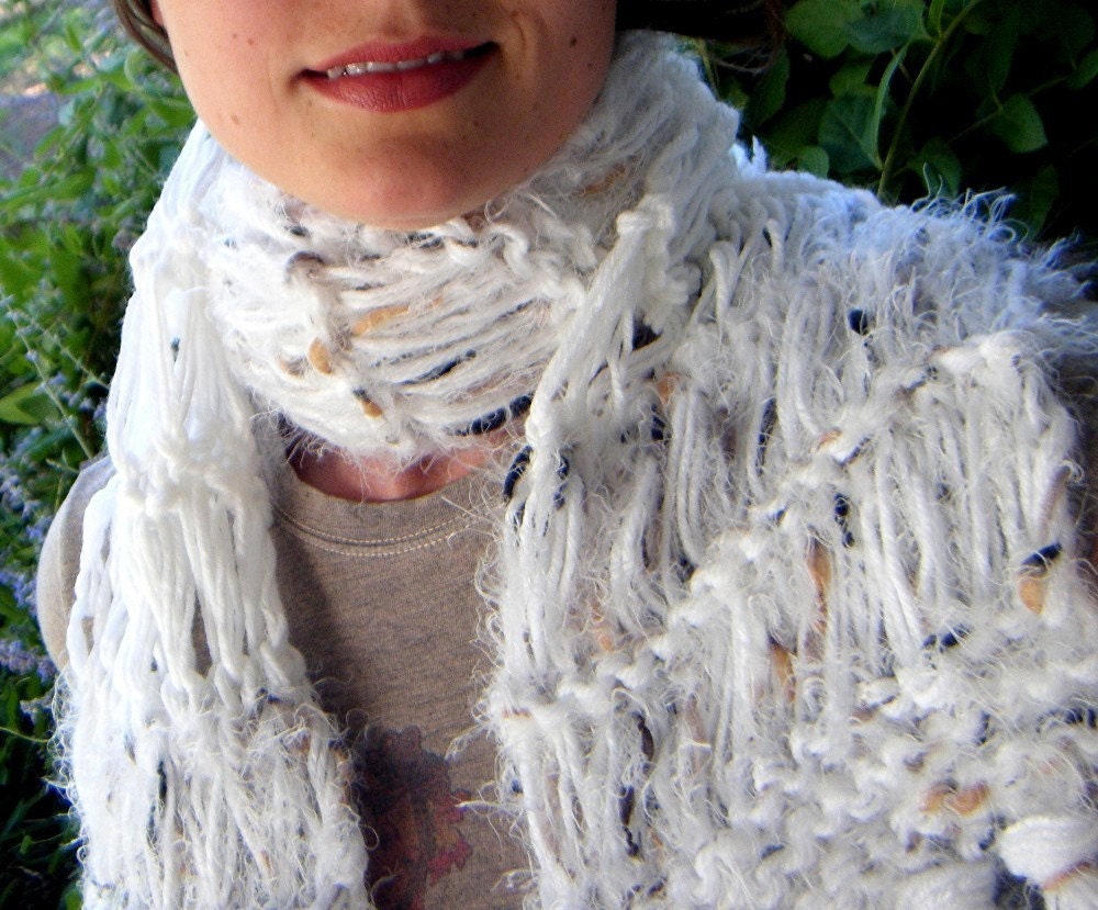 White Scarf - Hand Knit, Soft with Fringe. Snow Leopard Inspired with Black and Tan (Brown) Speckles