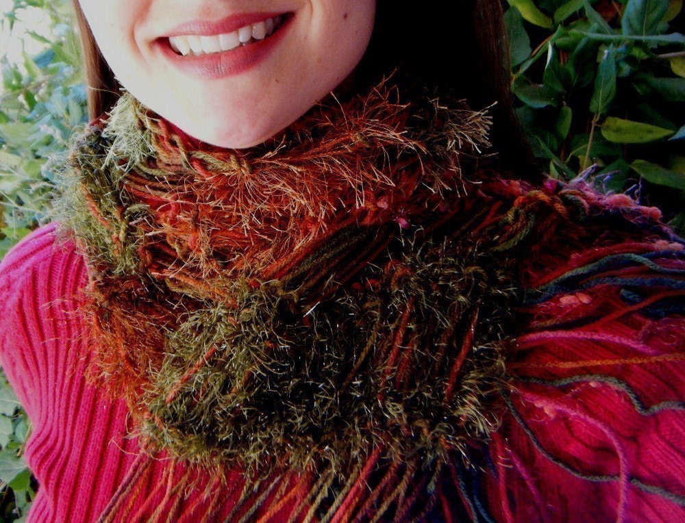 Hand Knit Scarf & Photo Prop with Fringe, Red, Brown and Green 'Cedar Forest'