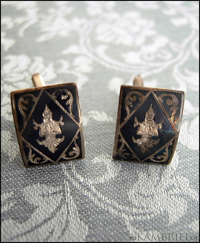1940's Vintage "God of Welcoming" Sterling Siam Hindu Ramakien Cufflinks - Niello