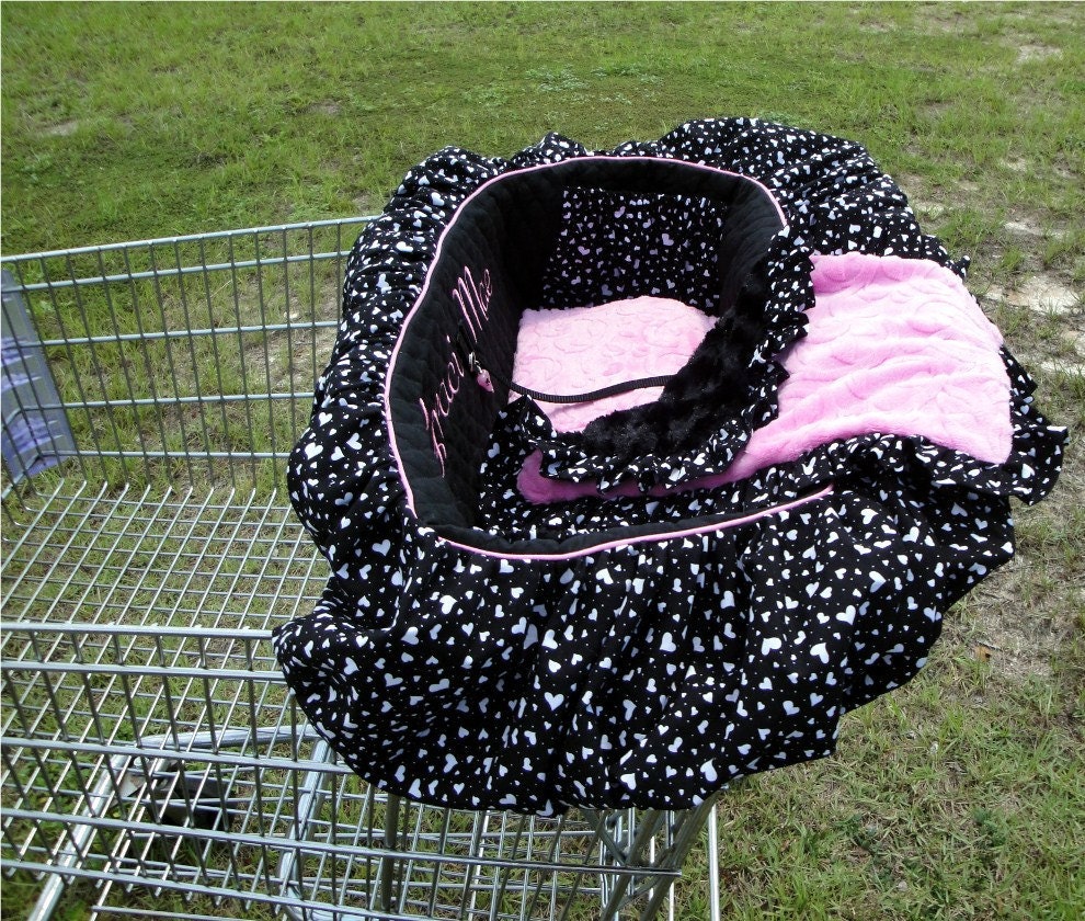 Shopping Cart Cover with Memory Foam Pad and Ruffled Blanket - Dogs - Pets - Custom Colors - Embroidery- Lampwork Bead Key Holder