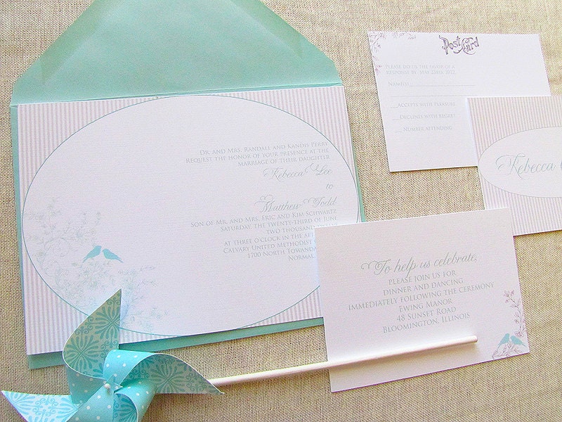 Vintage Floral, Stripes and Love Birds Wedding Invitation & RSVP Postcard