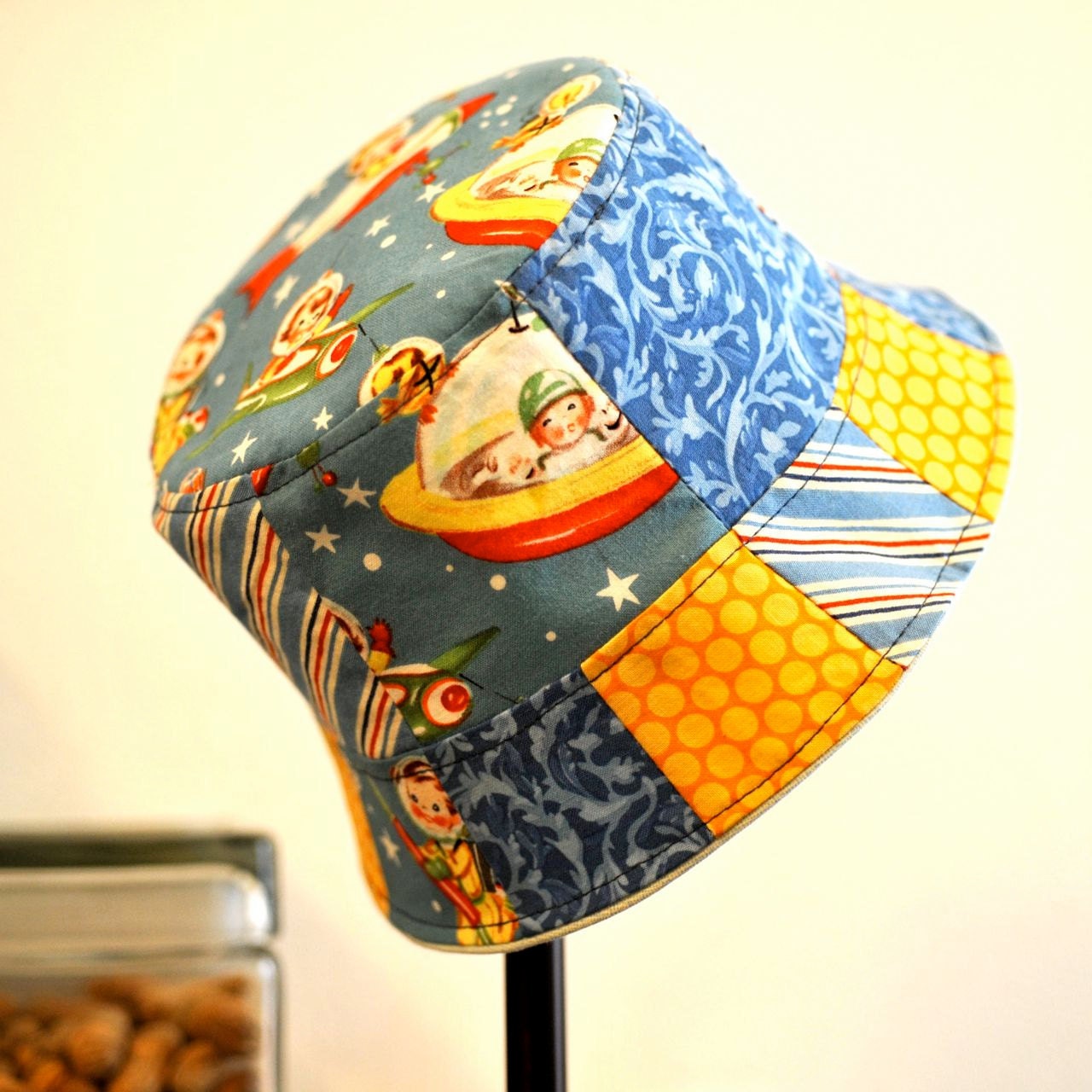 Child's Sun Hat in Retro Rockets and Yellow Dots
