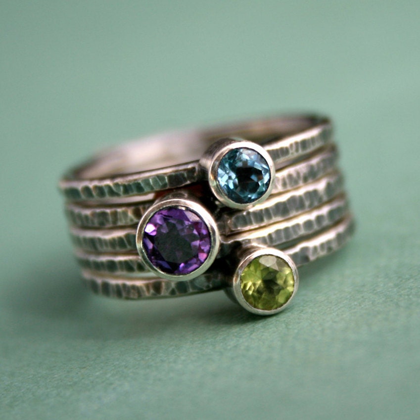 Stacking Rings Sterling Silver, Peacock Feather Colors, Amethyst Peridot Topaz Stackable Rings, Set of Five, Stack Rings, Ring Band
