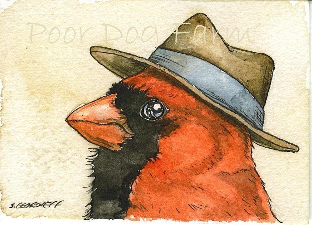 Cardinal with Hat - 5 x 7 print - poordogfarm